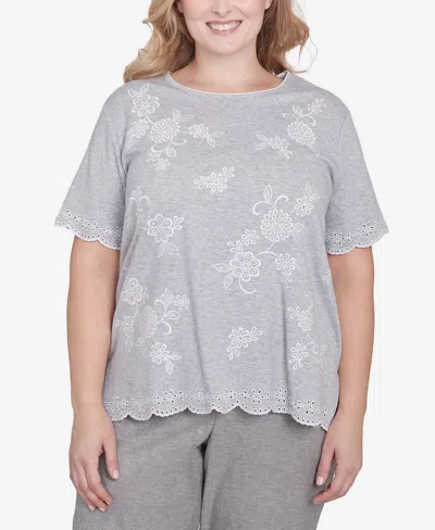 Alfred Dunner Plus Size Crystal Springs Crew Neck Top In Grey