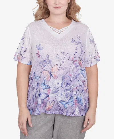 Alfred Dunner Plus Size Crystal Springs Criss Cross Ombre Butterfly Top In Lilac