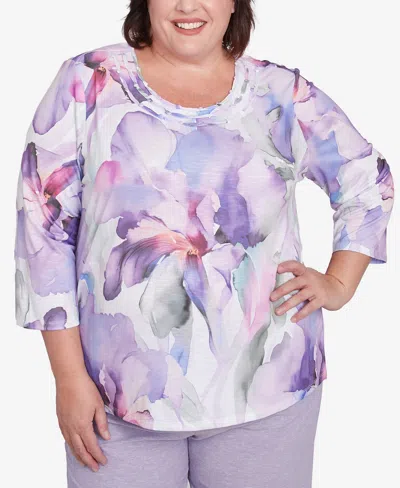 Alfred Dunner Plus Size Crystal Springs Dramatic Flower Top In Lilac Multi