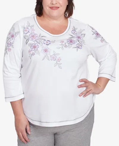 Alfred Dunner Plus Size Crystal Springs Embroidered Flower Crew Neck Top In White