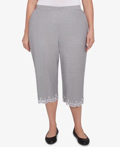 Alfred Dunner Plus Size Crystal Springs Eyelet Embroidered Capri Pants In Grey