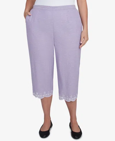 Alfred Dunner Plus Size Crystal Springs Eyelet Embroidered Capri Pants In Lilac