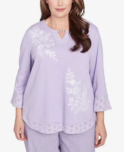 Alfred Dunner Plus Size Crystal Springs Floral Embroidered Eyelet Sleeve Top In Lilac