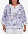 Alfred Dunner Plus Size Crystal Springs Watercolor Plaid Lace Neck Top In Lilac
