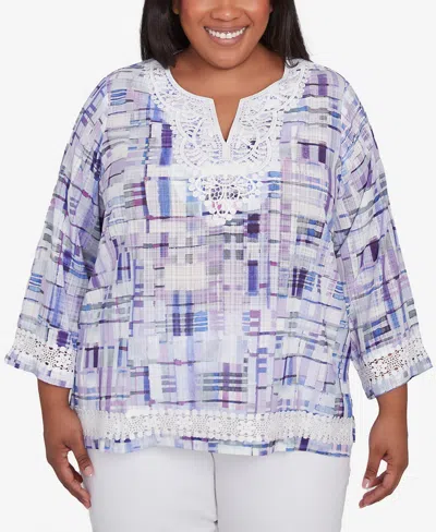 Alfred Dunner Plus Size Crystal Springs Watercolor Plaid Lace Neck Top In Lilac