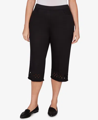 Alfred Dunner Plus Size Detail Driven Geometric Cut-out Flat-front Capri Pants In Black
