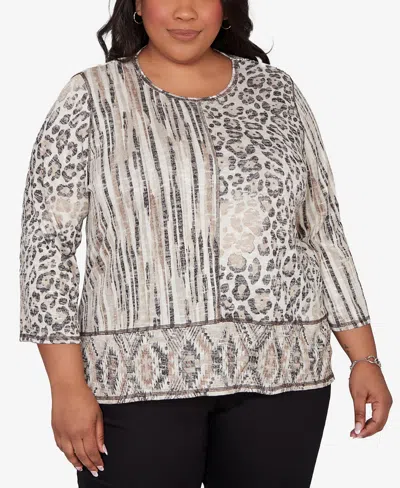 Alfred Dunner Plus Size Detail Driven Spliced Aztec Animal Skin Crewneck Top In Gray