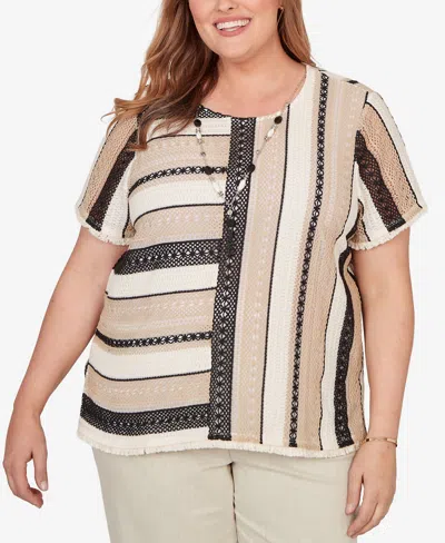 Alfred Dunner Plus Size Detail Driven Textured Spliced T-shirt With Necklace In Brown