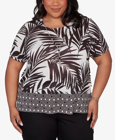 Alfred Dunner Plus Size Detail Driven Tropical Diamond Border T-shirt With Necklace In Black