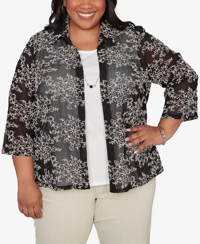 Alfred Dunner Plus Size Detail Driven Two In One Mesh Soutache Top With Necklace In Gray