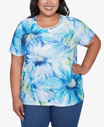 Alfred Dunner Petite Summer Breeze Floral Watercolor Top In Blue