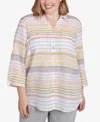 Alfred Dunner Plus Size Dress Code Button Down Striped Cuffed Sleeve Top In Multi Yellow