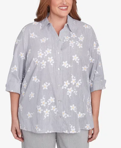 Alfred Dunner Plus Size Dress Code Flower Embroidered Button Down Striped Top In Pearl