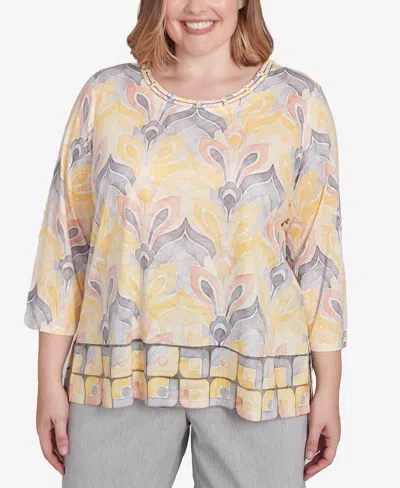 Alfred Dunner Plus Size Dress Code Geometric Medallion Crewneck Top In Multi Yellow