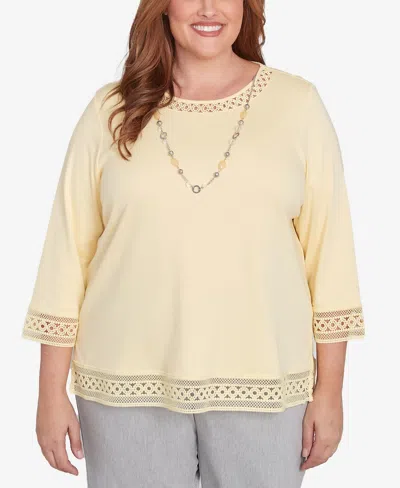 Alfred Dunner Plus Size Dress Code Solid Lace Trim Top With Necklace In Buttercup