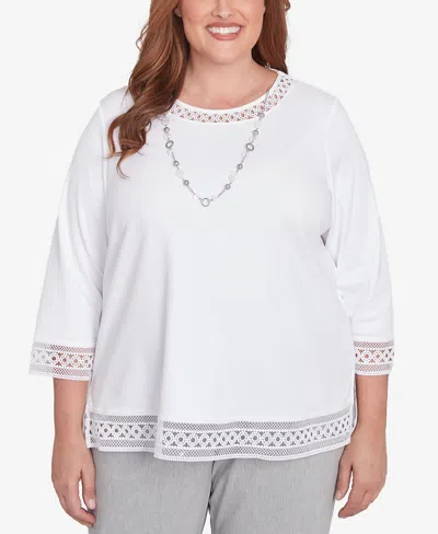Alfred Dunner Plus Size Dress Code Solid Lace Trim Top With Necklace In White