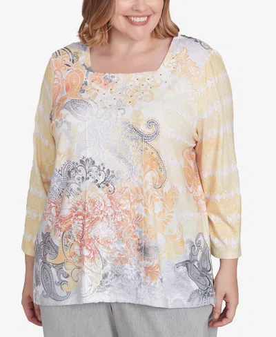 Alfred Dunner Plus Size Dress Code Square Neck Paisley Geometric Top In Multi Yellow
