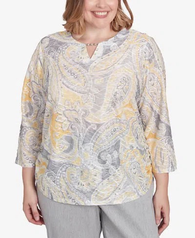 Alfred Dunner Plus Size Dress Code Textured Paisley Beaded Neck Top In Grey Multi