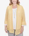 Alfred Dunner Plus Size Dress Code Two In One Pointelle Knit Top With Necklace In Buttercup