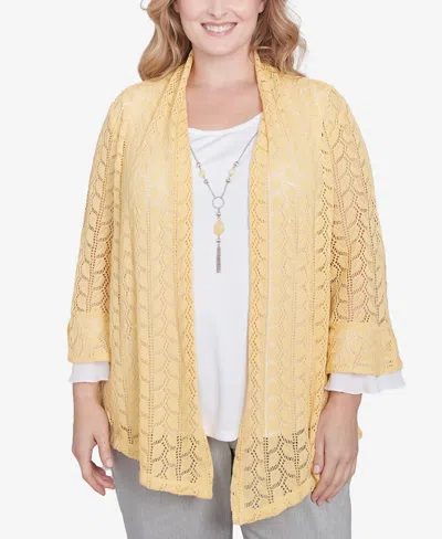 Alfred Dunner Plus Size Dress Code Two In One Pointelle Knit Top With Necklace In Buttercup