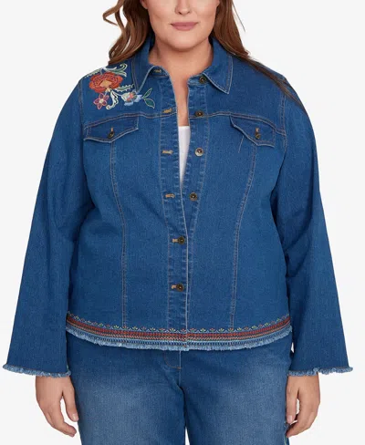Alfred Dunner Plus Size Embroidered Denim Jacket In Purple