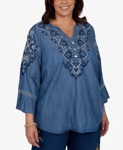 Alfred Dunner Plus Size Embroidered Henley Denim Blouse In Blue