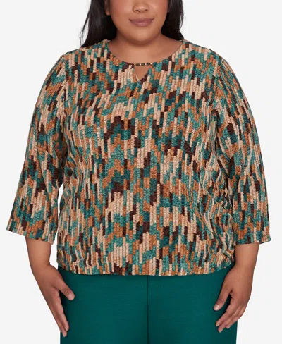 Alfred Dunner Plus Size Emerald Isle Chenille Vertical Texture Top In Multi Green