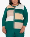 Alfred Dunner Plus Size Emerald Isle Color Blocking Gold Trim Sweater In Multi Green