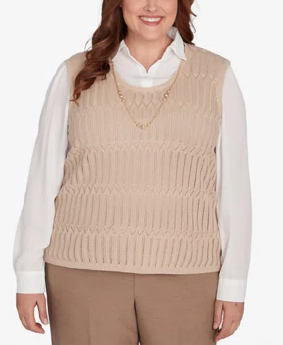 Alfred Dunner Plus Size Emerald Isle Two In One Textured Sweater Vest With A Detachable Necklace In Cashew