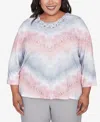 Alfred Dunner Plus Size Estate Of Mind Chevron Lacey Three Quarter Sleeve Top In Multi Pink