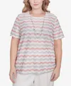 Alfred Dunner Plus Size Estate Of Mind Chevron Shimmer Crew Neck T-shirt With Necklace In Multi Pink