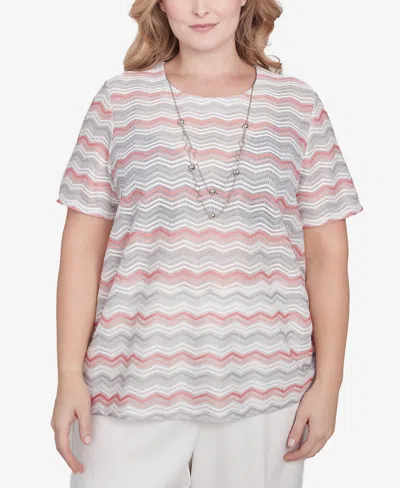 Alfred Dunner Plus Size Estate Of Mind Chevron Shimmer Crew Neck T-shirt With Necklace In Multi Pink