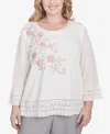 Alfred Dunner Plus Size Estate Of Mind Embroidered Floral Eyelet Trim Top In Oyster