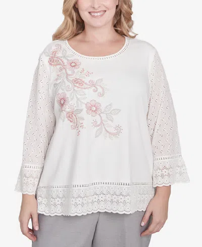 Alfred Dunner Plus Size Estate Of Mind Embroidered Floral Eyelet Trim Top In Oyster