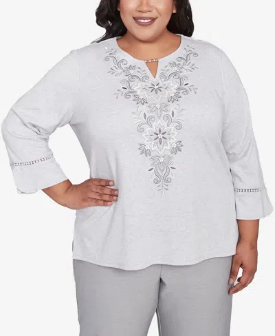 Alfred Dunner Plus Size Estate Of Mind Embroidered Scroll Bell Sleeve Top In Dove Gray