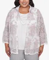 Alfred Dunner Plus Size Estate Of Mind Floral Lace Two In One Collared Neck Top With Necklace In Multi Pink