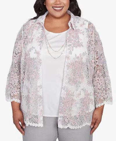 Alfred Dunner Plus Size Estate Of Mind Floral Lace Two In One Collared Neck Top With Necklace In Multi Pink