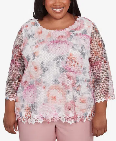 Alfred Dunner Plus Size Estate Of Mind Floral Mesh Watercolor Crew Neck Top In Multi Pink