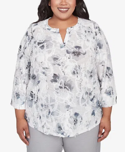 Alfred Dunner Plus Size Estate Of Mind Monotone Floral Jacquard Top In Dove Gray
