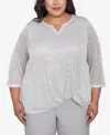 Alfred Dunner Plus Size Estate Of Mind Sequin Beaded Split Neck Top In Dove Gray