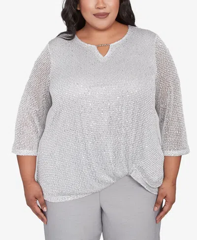 Alfred Dunner Plus Size Estate Of Mind Sequin Beaded Split Neck Top In Dove Gray