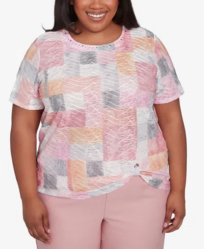 Alfred Dunner Plus Size Estate Of Mind Textured Colorblock Crew Neck T-shirt In Multi Pink