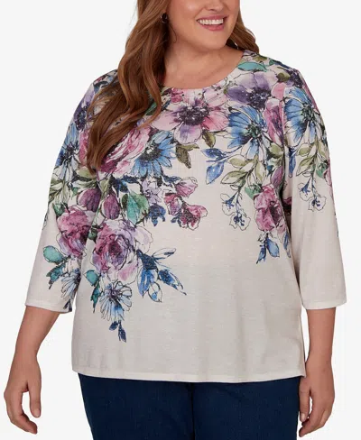 Alfred Dunner Plus Size Falling Roses Knit Top In Neutral