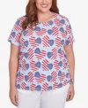 Alfred Dunner Plus Size Flag Heart Top With Side Ruching In Blue