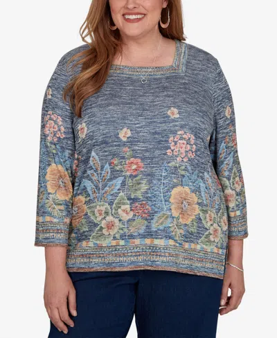 Alfred Dunner Plus Size Floral 3/4-sleeve Square-neck Top In Blue