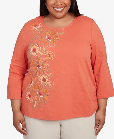 Alfred Dunner Plus Size Copper Canyon Asymmetric Floral Embroidered Tie Ruching Top In Pink
