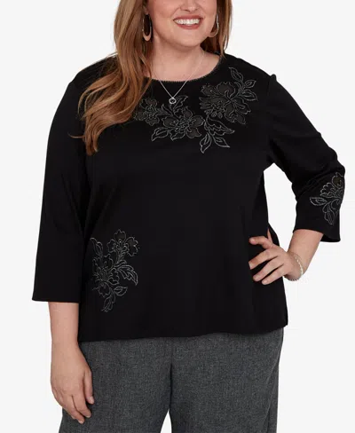 Alfred Dunner Plus Size Floral Scoop Neck 3/4-sleeve Knit Top In Black