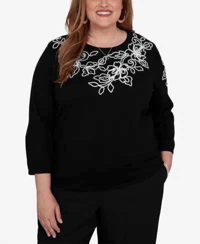 Alfred Dunner Plus Size Floral Scroll Soutache Sweater In Black