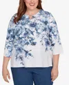 Alfred Dunner Plus Size Floral Split Beaded Keyhole Neck Top In Blue