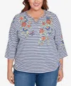Alfred Dunner Plus Size El Paso Floral Stripe Ruched Sides Top In Blue